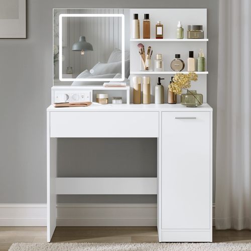 Coiffeuse Avec Miroir LED, Avec Multiprise, Compartiment Avec 2 étagères Réglables, Blanc
