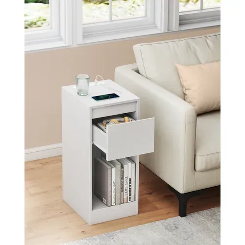 Lot De 2, Table De Chevet Étroite, Avec Éclairage LED, 1 Port USB-a, 1 Port USB-c, Blanc Nuage