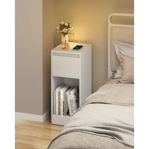 Lot De 2, Table De Chevet Étroite, Avec Éclairage LED, 1 Port USB-a, 1 Port USB-c, Blanc Nuage