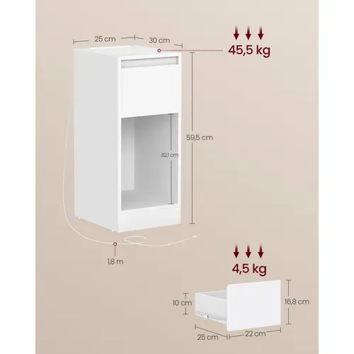 Lot De 2, Table De Chevet Étroite, Avec Éclairage LED, 1 Port USB-a, 1 Port USB-c, Blanc Nuage