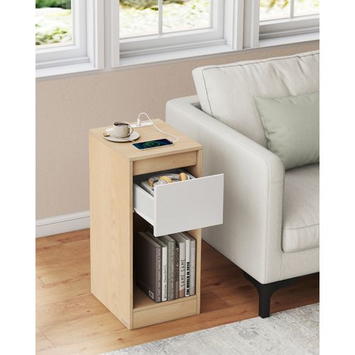 Lot De 2, Table De Chevet Étroite, Avec Éclairage LED, 1 Port USB-a, 1 Port USB-c, Jaune Et Blanc