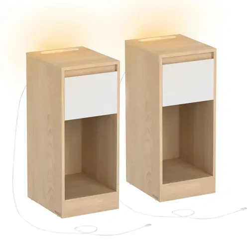 Lot De 2, Table De Chevet Étroite, Avec Éclairage LED, 1 Port USB-a, 1 Port USB-c, Jaune Et Blanc