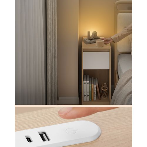 Lot De 2, Table De Chevet Étroite, Avec Éclairage LED, 1 Port USB-a, 1 Port USB-c, Jaune Et Blanc