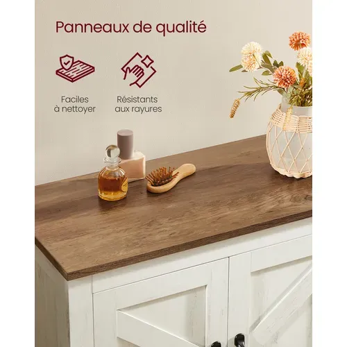 Armoire De Rangement Avec Portes Coulissantes, Style Ferme, Étagères Réglables, Blanc Rustique