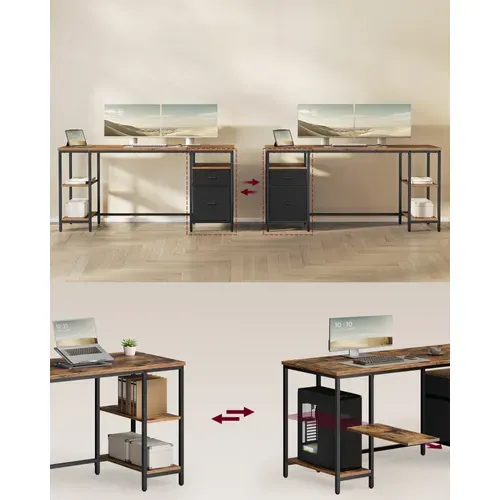 Bureau D’ordinateur, 3 Étagères, 2 Tiroirs, 60 X 160 X 76 Cm, Marron Rustique Et Noir Mat