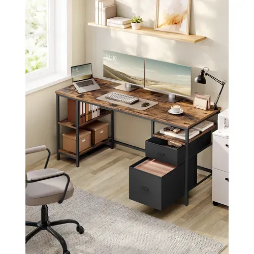 Bureau D’ordinateur, 3 Étagères, 2 Tiroirs, 60 X 160 X 76 Cm, Marron Rustique Et Noir Mat