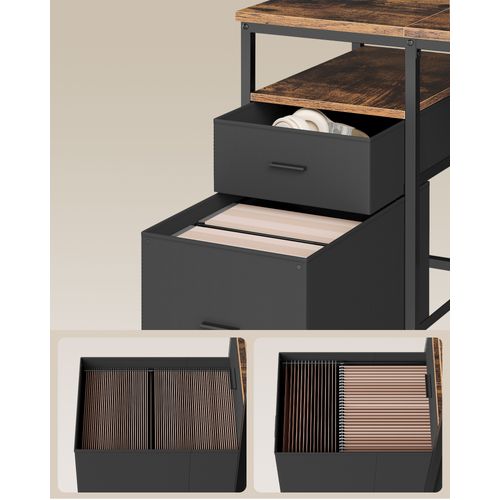 Bureau D’ordinateur, 3 Étagères, 2 Tiroirs, 60 X 160 X 76 Cm, Marron Rustique Et Noir Mat