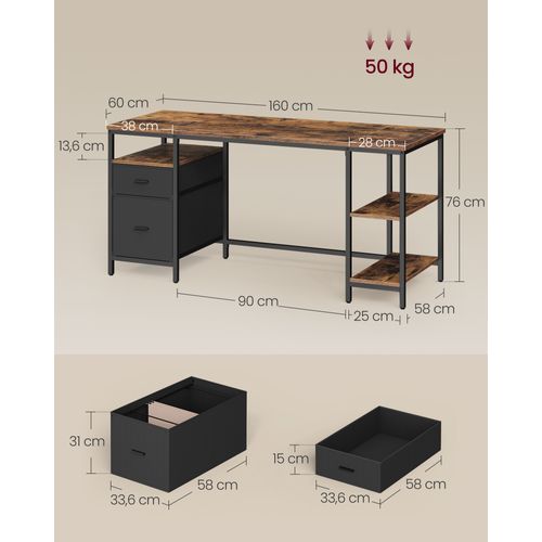 Bureau D’ordinateur, 3 Étagères, 2 Tiroirs, 60 X 160 X 76 Cm, Marron Rustique Et Noir Mat