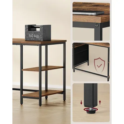 Bureau D’ordinateur, 3 Étagères, 2 Tiroirs, 60 X 160 X 76 Cm, Marron Rustique Et Noir Mat