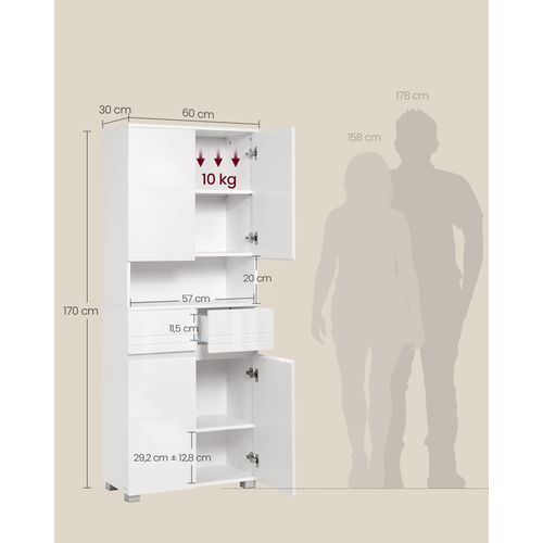 Colonne De Salle De Bain, Avec 2 Tiroirs, Étagères Réglables, Compartiments, 30 X 60 X 170 Cm, Blanc