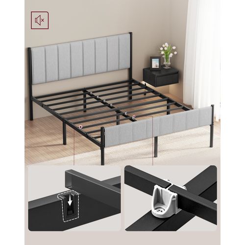 Cadre De Lit Double, 160 X 200 Cm, Avec Tête De Lit Rembourrée, Supporte Jusqu'à 500 Kg, Gris