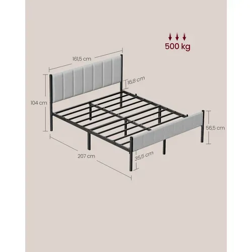 Cadre De Lit Double, 160 X 200 Cm, Avec Tête De Lit Rembourrée, Supporte Jusqu'à 500 Kg, Gris