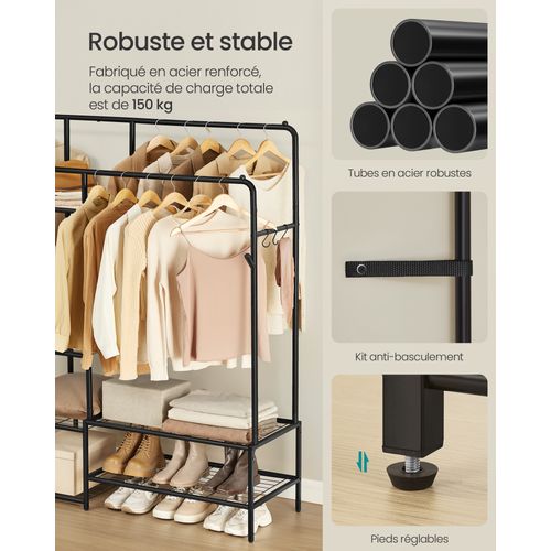 Portant à Vêtements, Avec 7 Étagères, Cadre En Métal, Tringles, Pour Chambre, Salon, Entrée, Noir