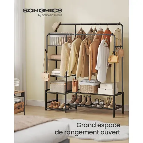 Portant à Vêtements, Avec 7 Étagères, Cadre En Métal, Tringles, Pour Chambre, Salon, Entrée, Noir
