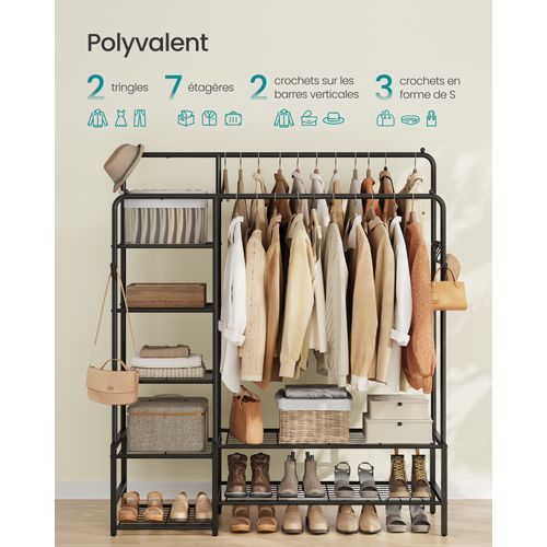 Portant à Vêtements, Avec 7 Étagères, Cadre En Métal, Tringles, Pour Chambre, Salon, Entrée, Noir