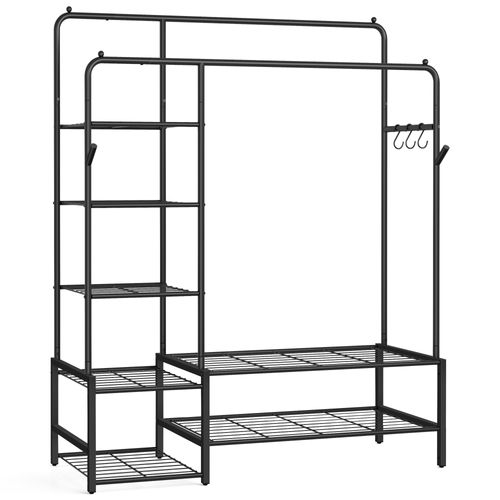 Portant à Vêtements, Avec 7 Étagères, Cadre En Métal, Tringles, Pour Chambre, Salon, Entrée, Noir