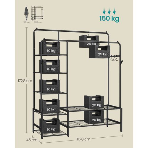 Portant à Vêtements, Avec 7 Étagères, Cadre En Métal, Tringles, Pour Chambre, Salon, Entrée, Noir