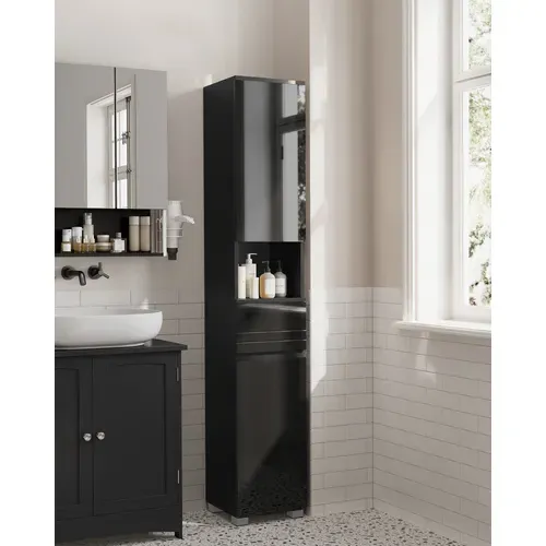 Colonne De Salle De Bain, Avec Tiroir, Étagères Réglables, Compartiments, 30 X 30 X 170 Cm, Noir