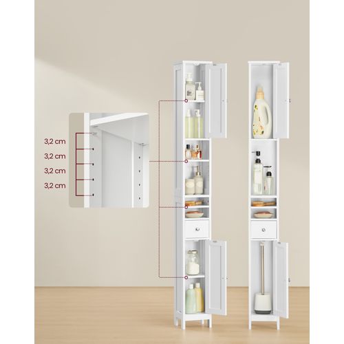 Colonne De Salle De Bain Haute, Avec Étagères Réglables, Tiroir, Compartiments Ouverts, Blanc