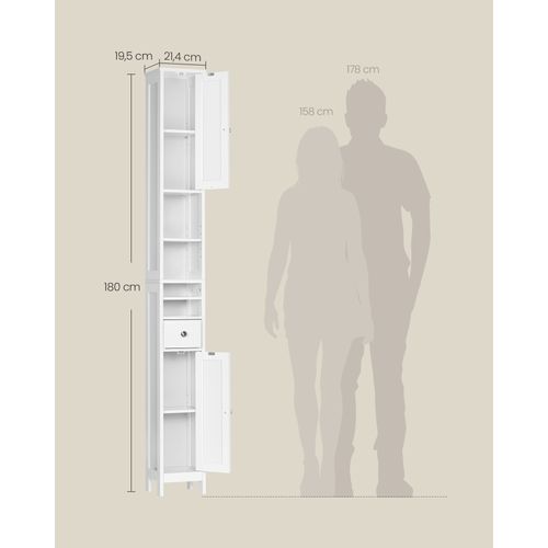 Colonne De Salle De Bain Haute, Avec Étagères Réglables, Tiroir, Compartiments Ouverts, Blanc