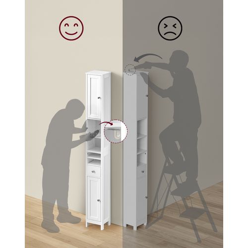 Colonne De Salle De Bain Haute, Avec Étagères Réglables, Tiroir, Compartiments Ouverts, Blanc