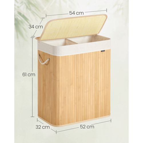 Panier à Linge 100 L, 2 Compartiments, Couvercle, Sac Amovible Lavable En Machine, Couleur Boisée