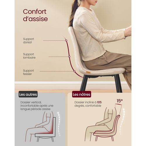 Chaises De Salle à Manger, Lot De 4, Pieds Réglables, Tissu Chenille, Pu Texturé Glacé, Blanc Crème