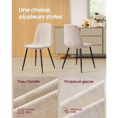 Chaises De Salle à Manger, Lot De 4, Pieds Réglables, Tissu Chenille, Pu Texturé Glacé, Blanc Crème