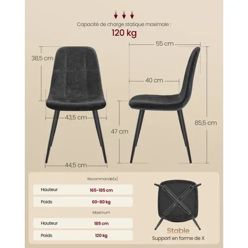 Chaises De Salle à Manger, Lot De 4, Pieds Réglables, Tissu Chenille, Pu Texturé Glacé, Gris Ardoise