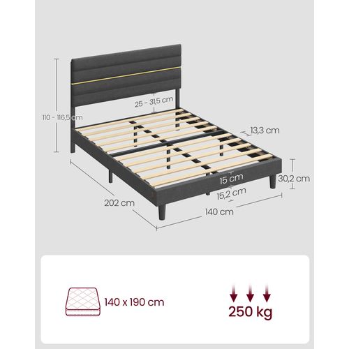 Lit Double, Convient Pour Un Matelas De 140 X 190 Cm, Tête De Lit Rembourrée Ajustable, Gris