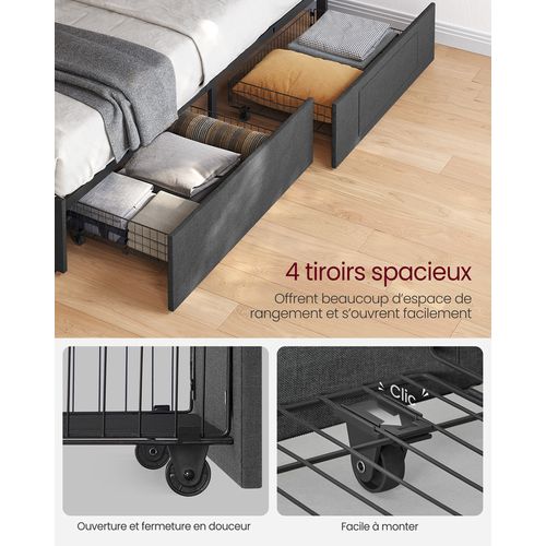 Lit Double, 140 X 190 Cm, Avec LED, En Métal, 4 Tiroirs, Multiprise, Tête