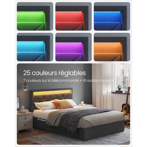 Lit Double, 140 X 190 Cm, Avec LED, En Métal, 4 Tiroirs, Multiprise, Tête