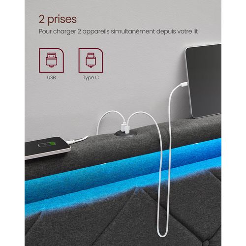 Lit Double, 140 X 190 Cm, Avec LED, En Métal, 4 Tiroirs, Multiprise, Tête