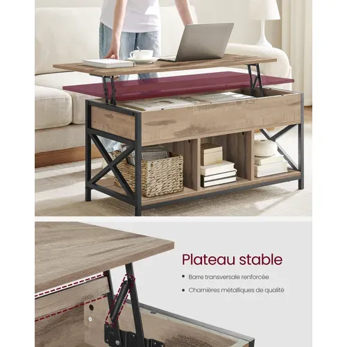Table Basse, Relevable, Avec Rangement Caché Et Compartiments Ouverts, Marron Camel Et Noir