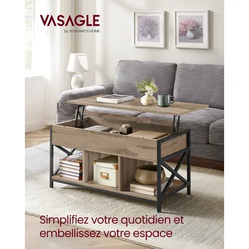 Table Basse, Relevable, Avec Rangement Caché Et Compartiments Ouverts, Marron Camel Et Noir