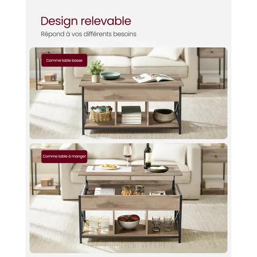 Table Basse, Relevable, Avec Rangement Caché Et Compartiments Ouverts, Marron Camel Et Noir