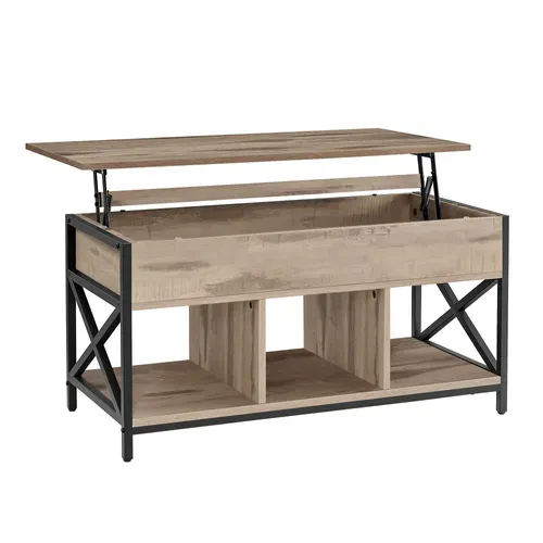 Table Basse, Relevable, Avec Rangement Caché Et Compartiments Ouverts, Marron Camel Et Noir