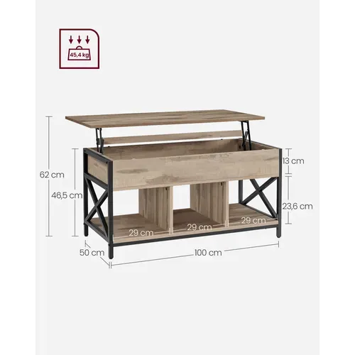 Table Basse, Relevable, Avec Rangement Caché Et Compartiments Ouverts, Marron Camel Et Noir