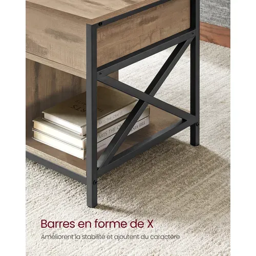 Table Basse, Relevable, Avec Rangement Caché Et Compartiments Ouverts, Marron Camel Et Noir
