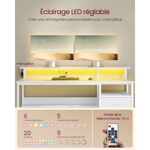 Bureau Gaming, Avec Tiroirs En Tissu, Avec Support D'écran, Lumières LED, Multiprise, 2 Ports USB