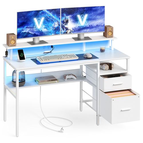 Bureau Gaming, Avec Tiroirs En Tissu, Avec Support D'écran, Lumières LED, Multiprise, 2 Ports USB