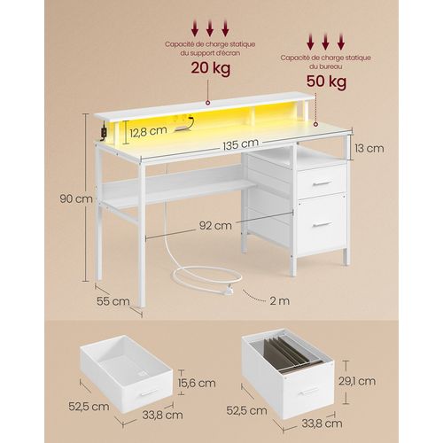 Bureau Gaming, Avec Tiroirs En Tissu, Avec Support D'écran, Lumières LED, Multiprise, 2 Ports USB