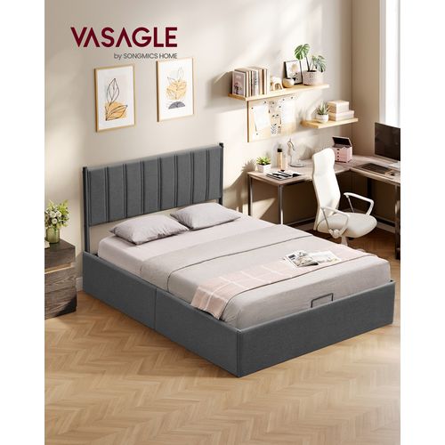 Cadre De Lit, 140 X 190 Cm, Sommier Relevable, Avec Rangement, Tête De Lit, Gris Foncé