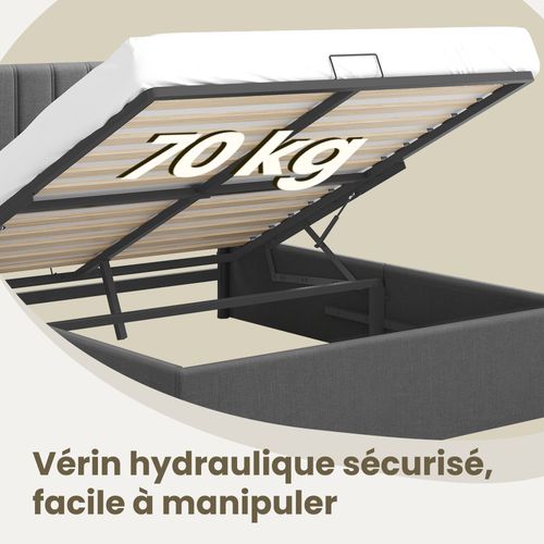 Lit Coffre,  140 X 200 cm, Sommier Relevable, Avec Rangement, Tête De Lit, Gris Foncé