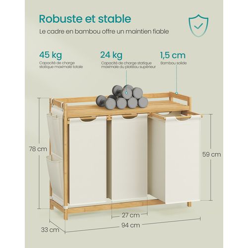 Panier à Linge, Avec 3 Compartiments, Capacité De 150 Litres, 94 X 33 X 78 Cm, Blanc Crème