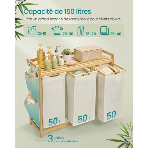Panier à Linge, Avec 3 Compartiments, Capacité De 150 Litres, 94 X 33 X 78 Cm, Blanc Crème