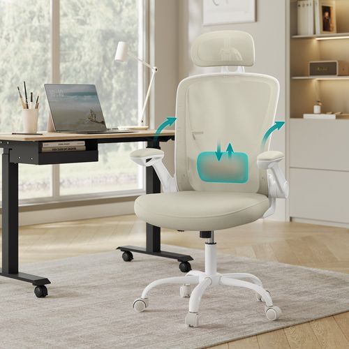 Chaise Bureau Ergonomique, Tissu En Maille, Support Lombaire, Appui-tête, Beige Cappuccino