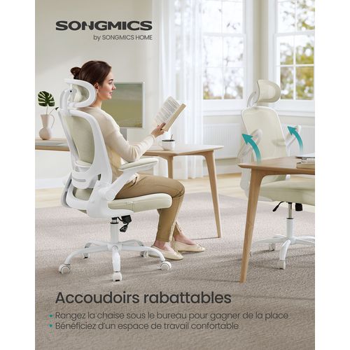 Chaise Bureau Ergonomique, Tissu En Maille, Support Lombaire, Appui-tête, Beige Cappuccino