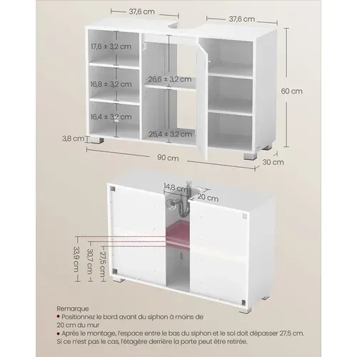 Meuble Sous Lavabo, Armoire De Salle De Bain Avec étagères Réglables, 30 X 90 X 60 Cm, Blanc Nuage