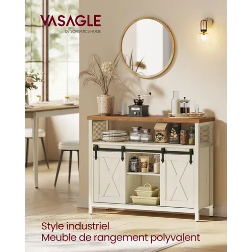 Buffet Cuisine, Avec 2 Portes Coulissantes, 33 X 100 X 80 Cm, étagères Réglables, Blanc Et Marron